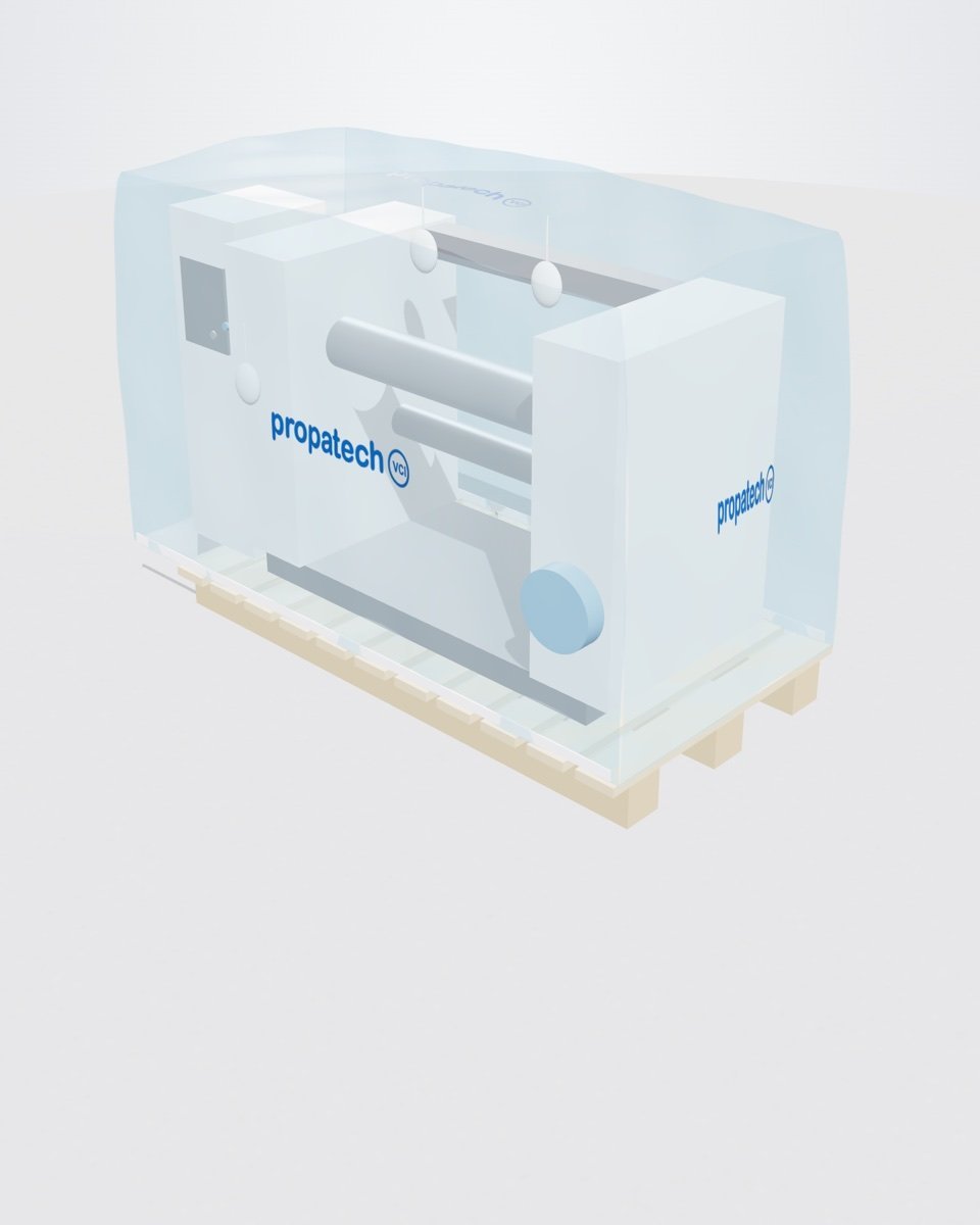 3D model of a machine on an export skid under a VCI cover