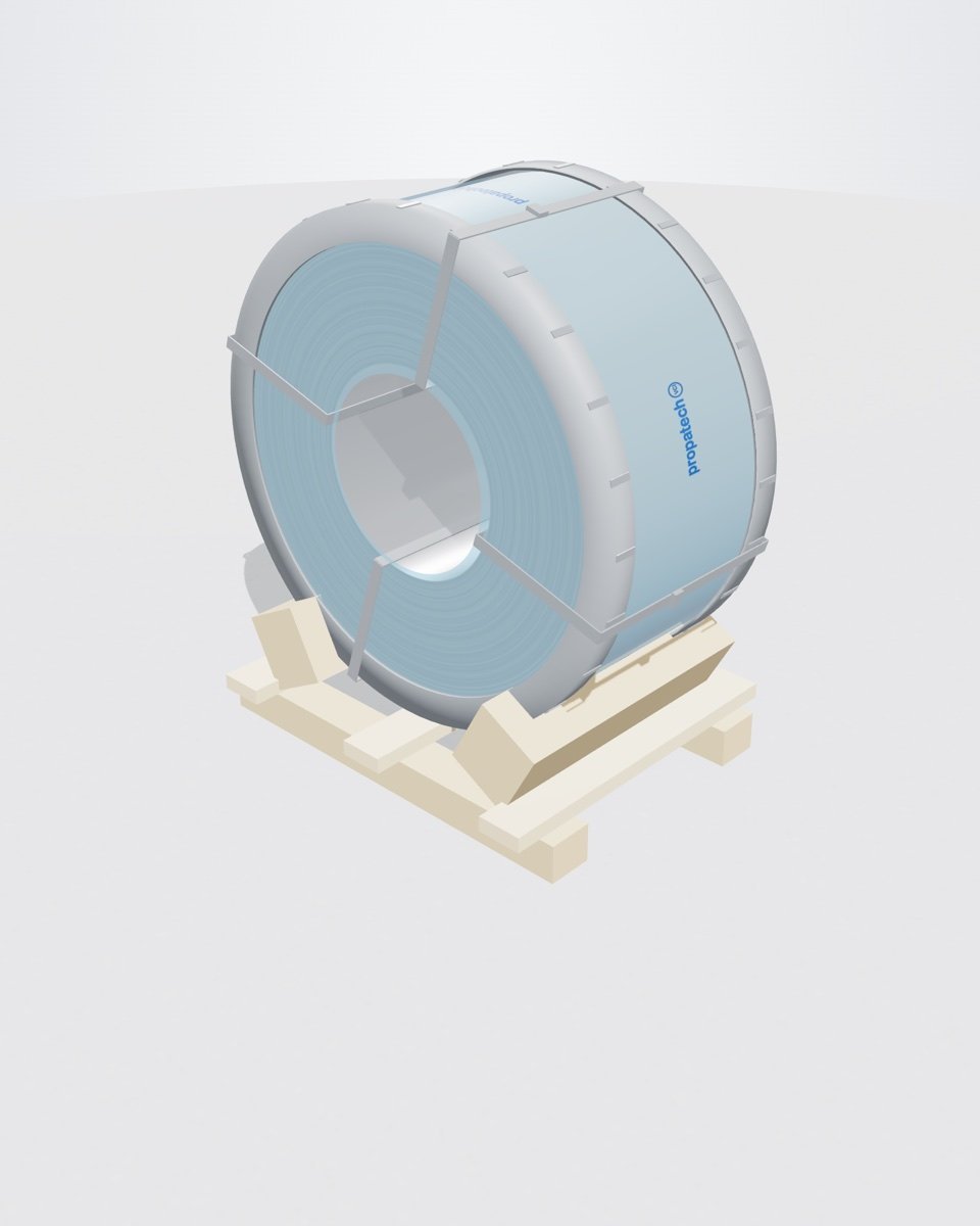 3D model of a steel coil wrapped in VCI film on a wooden cradle